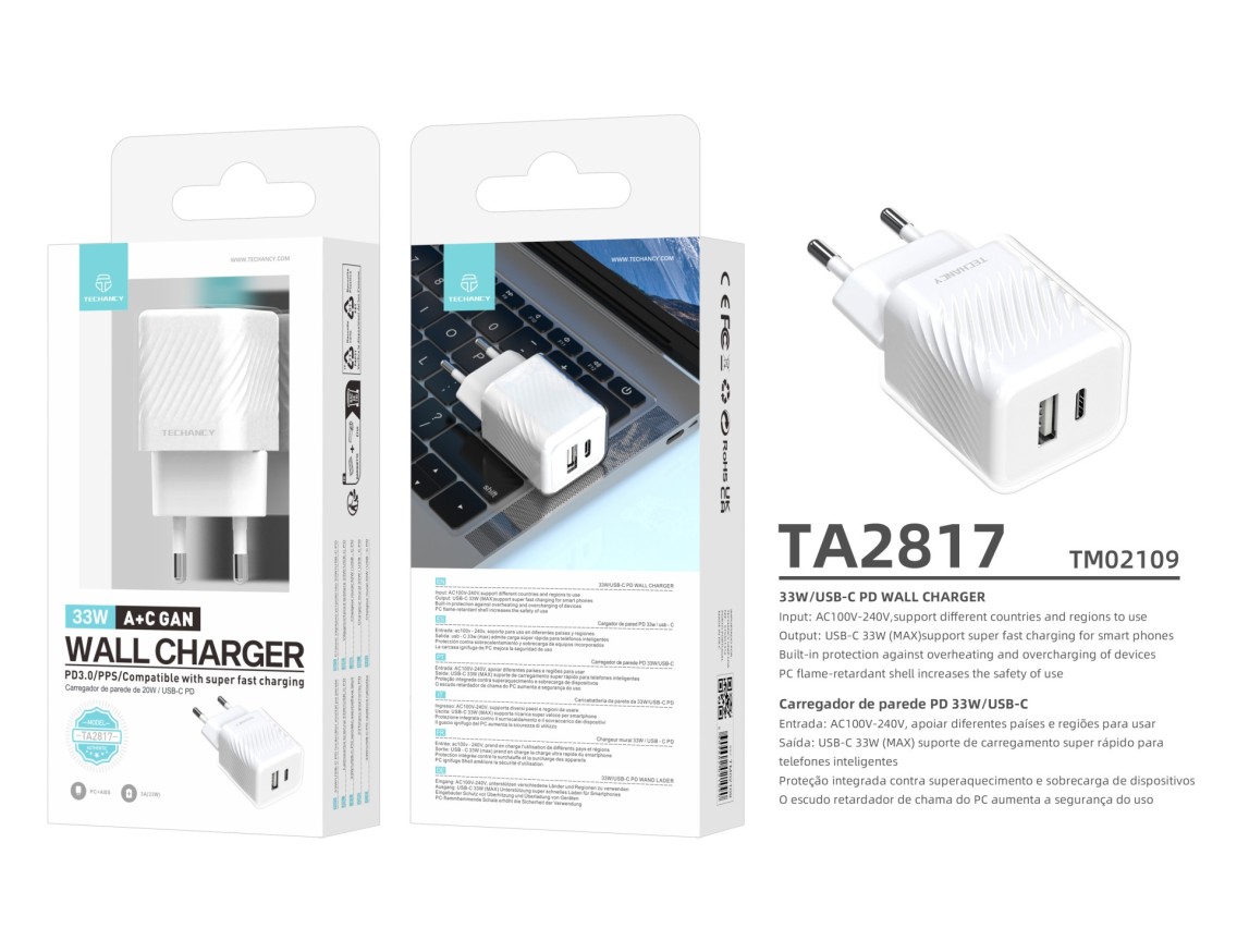 Techancy 33W USB-C PD Wall Charger White TA2817, Dual Port A+C Fast Charging Adapter for GaN.
