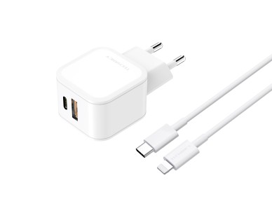Techancy Fast Charger 43W White TA2813, Dual Port PD+USB, USB C to Lightning Cable Set 1m/30w Techancy Fast Charger 43W White TA2813, Dual Port PD+USB, USB C to Lightning Cable Set 1m/30w