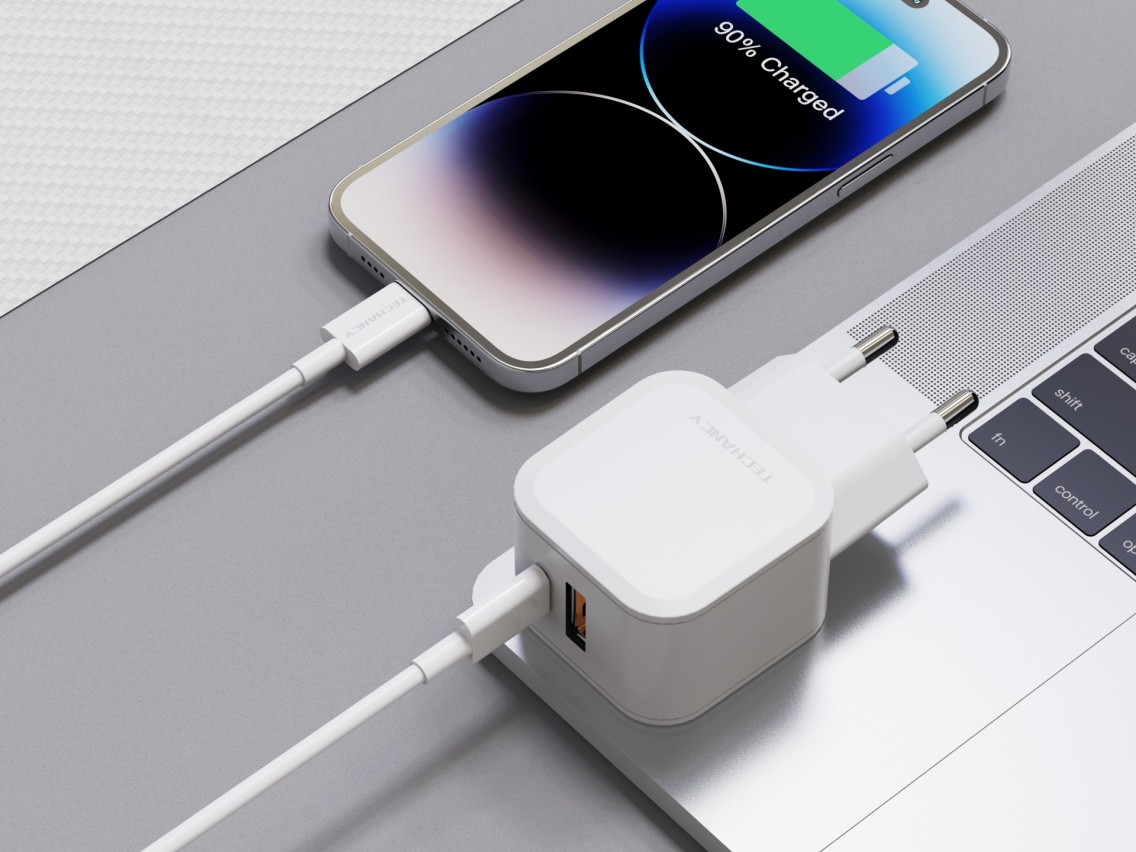 Techancy Carregador Rápido 43W Branco TA2813, Porta Dupla Pd+Usb, Conjunto De Cabos Usb C Para Light