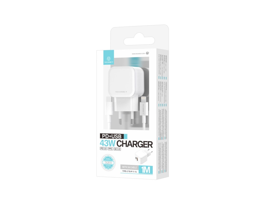 Techancy Carregador Rápido 43W Branco TA2813, Porta Dupla Pd+Usb, Conjunto De Cabos Usb C Para Light