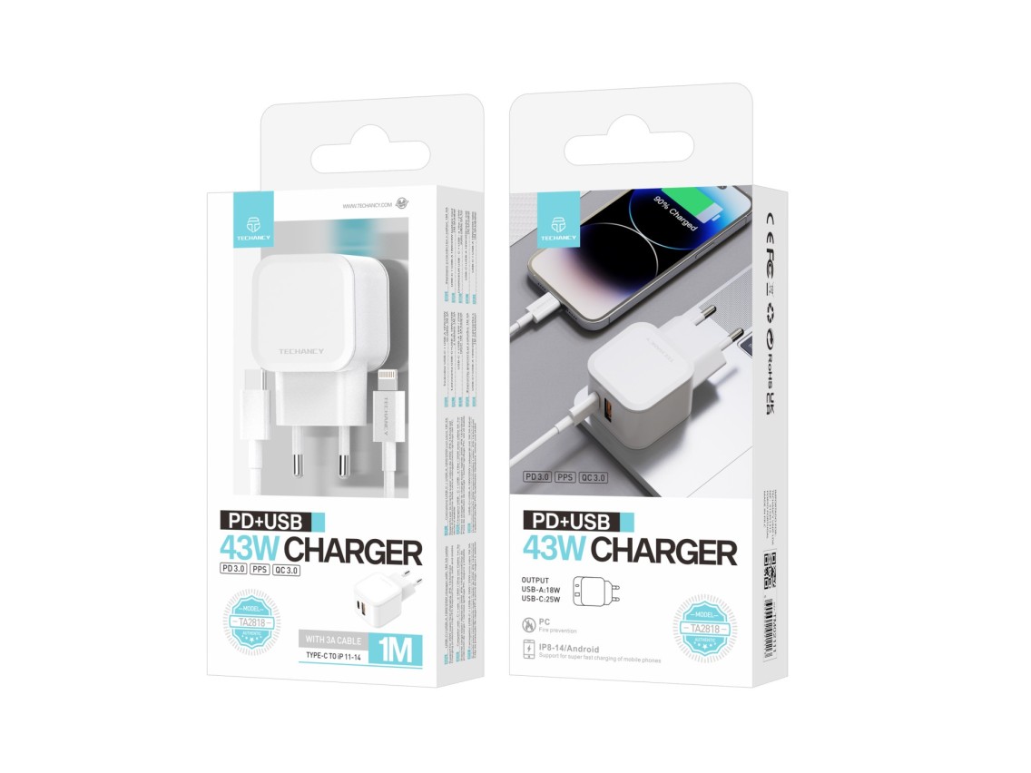 Techancy Carregador Rápido 43W Branco TA2813, Porta Dupla Pd+Usb, Conjunto De Cabos Usb C Para Light