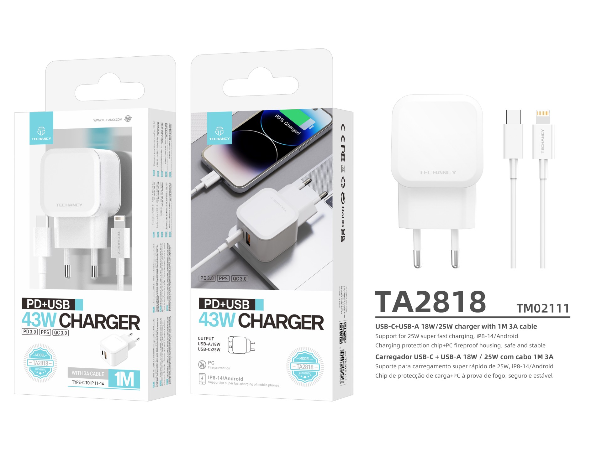 Techancy Carregador Rápido 43W Branco TA2813, Porta Dupla Pd+Usb, Conjunto De Cabos Usb C Para Light