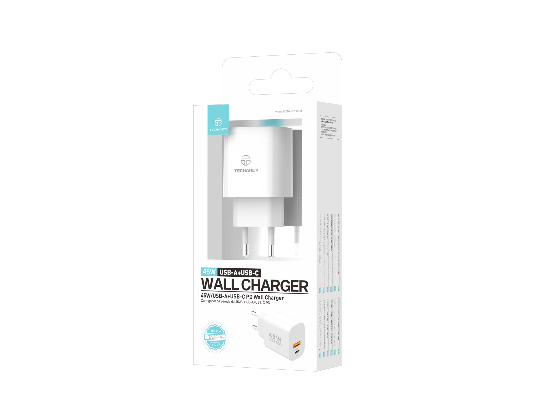 Techancy TA2820 USB-A+USB-C Charger, 45W PD, Dual Output, Portable Design, Compatible with Multiple