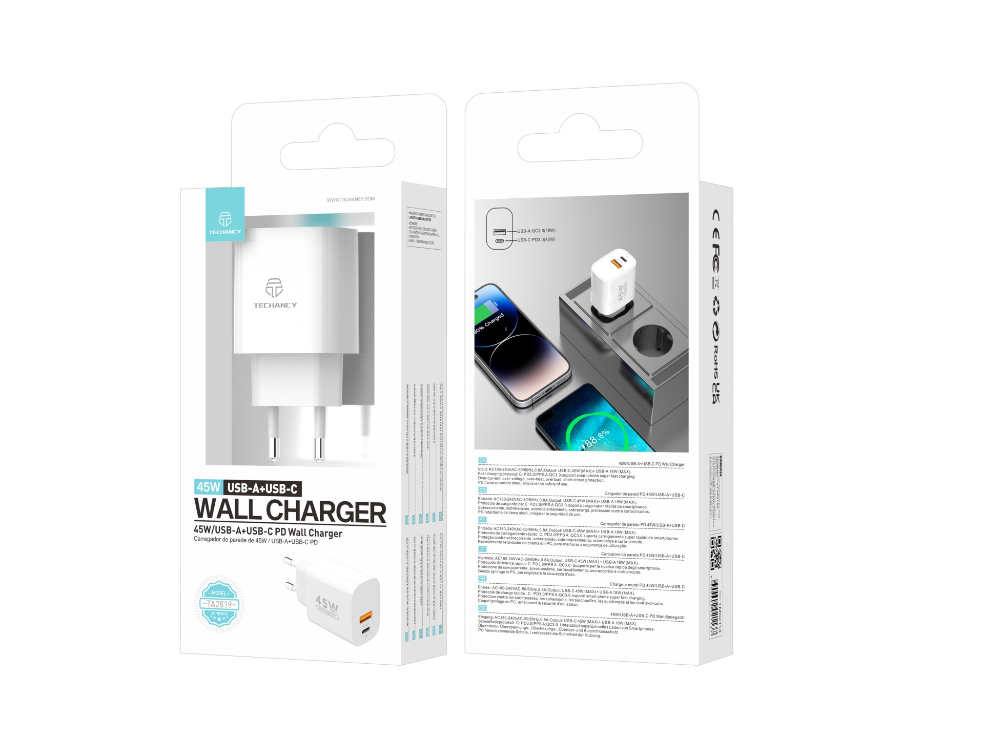 Techancy TA2820 USB-A+USB-C Charger, 45W PD, Dual Output, Portable Design, Compatible with Multiple