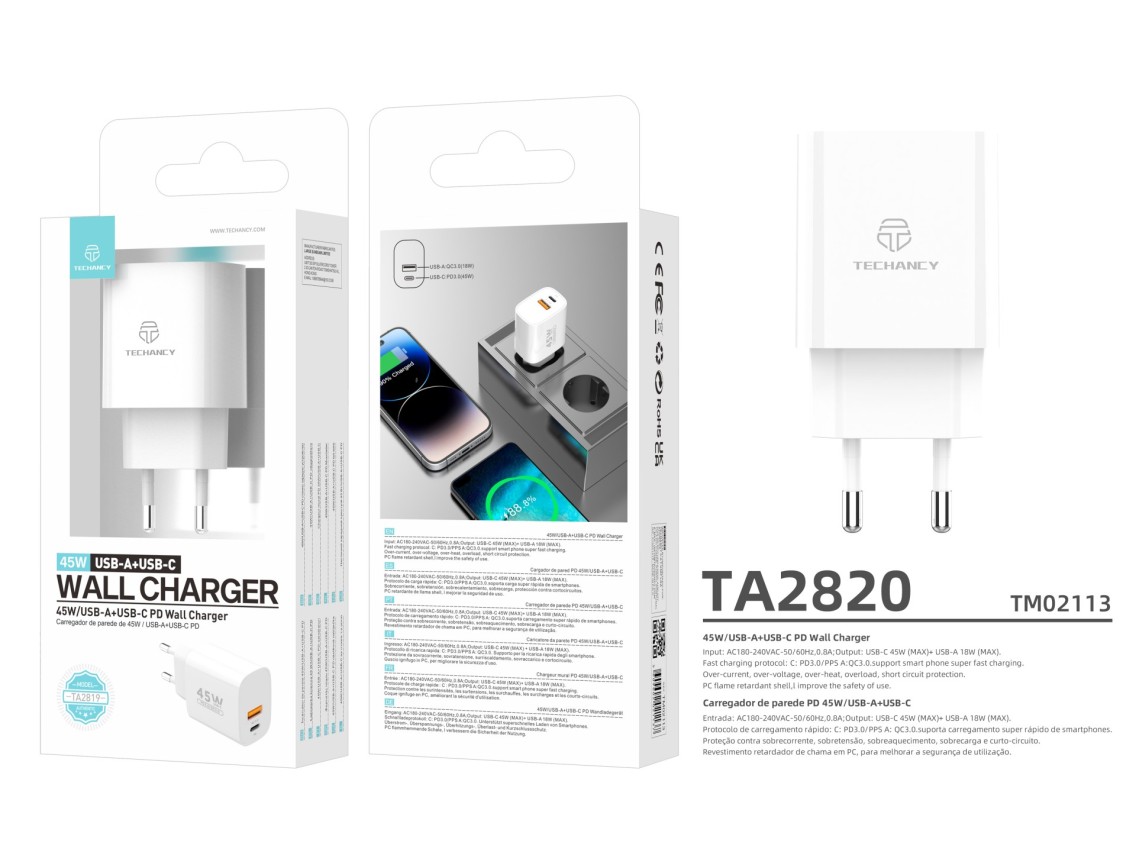 Techancy TA2820 USB-A+USB-C Charger, 45W PD, Dual Output, Portable Design, Compatible with Multiple