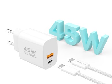 Techancy Carregador USB-A+USB-C TA2820, 45W PD, com Cabo USB-C para USB-C de 1m, CompatIvel com M�lt