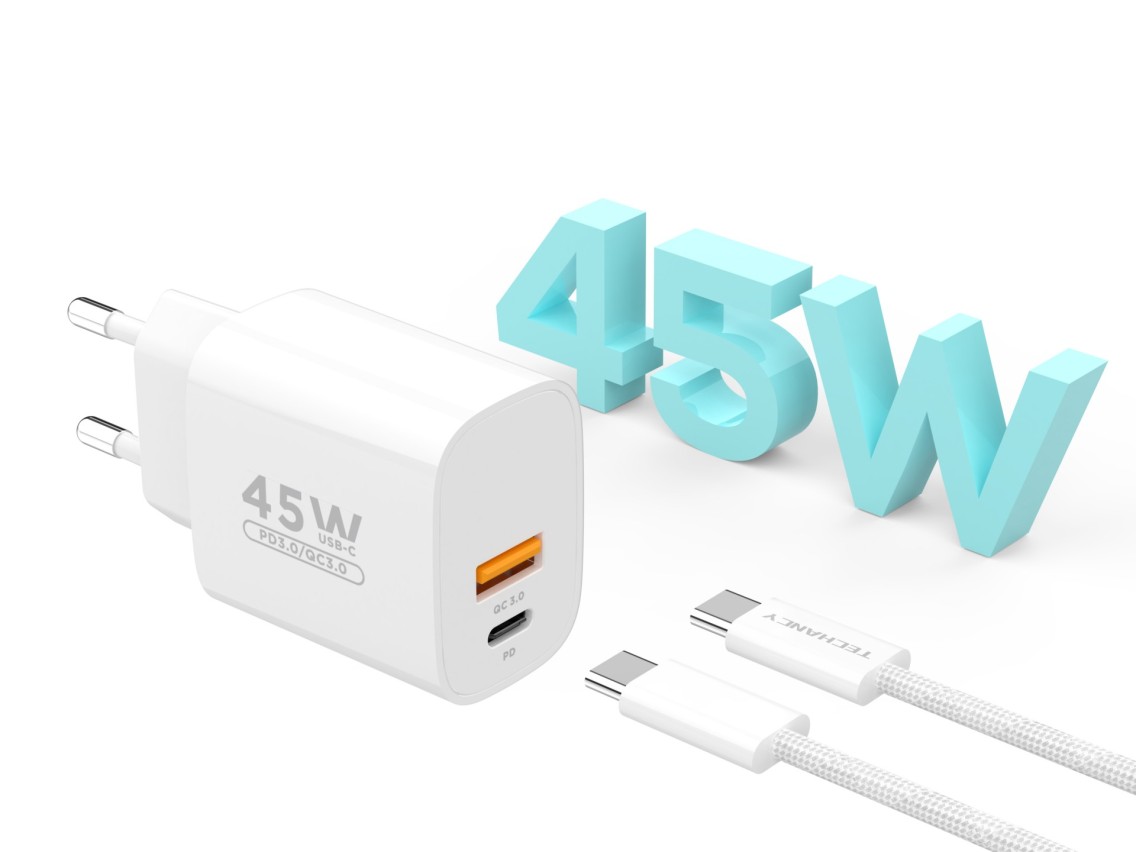 Techancy Carregador USB-A+USB-C TA2820, 45W PD, com Cabo USB-C para USB-C de 1m, CompatIvel com Múlt