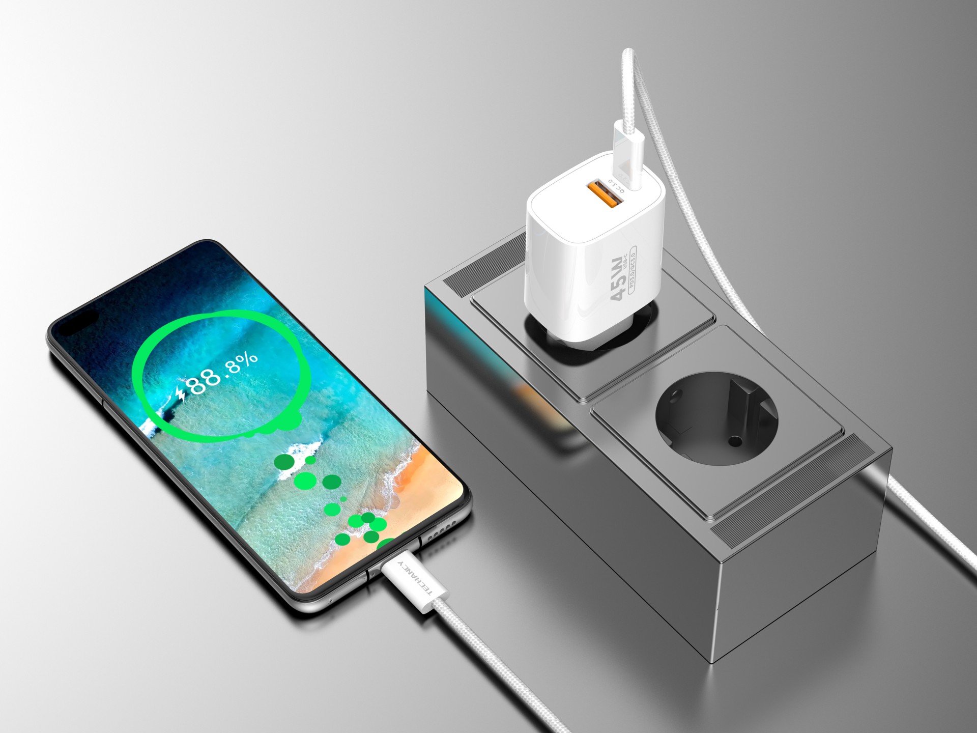 Techancy Carregador USB-A+USB-C TA2820, 45W PD, com Cabo USB-C para USB-C de 1m, CompatIvel com Múlt