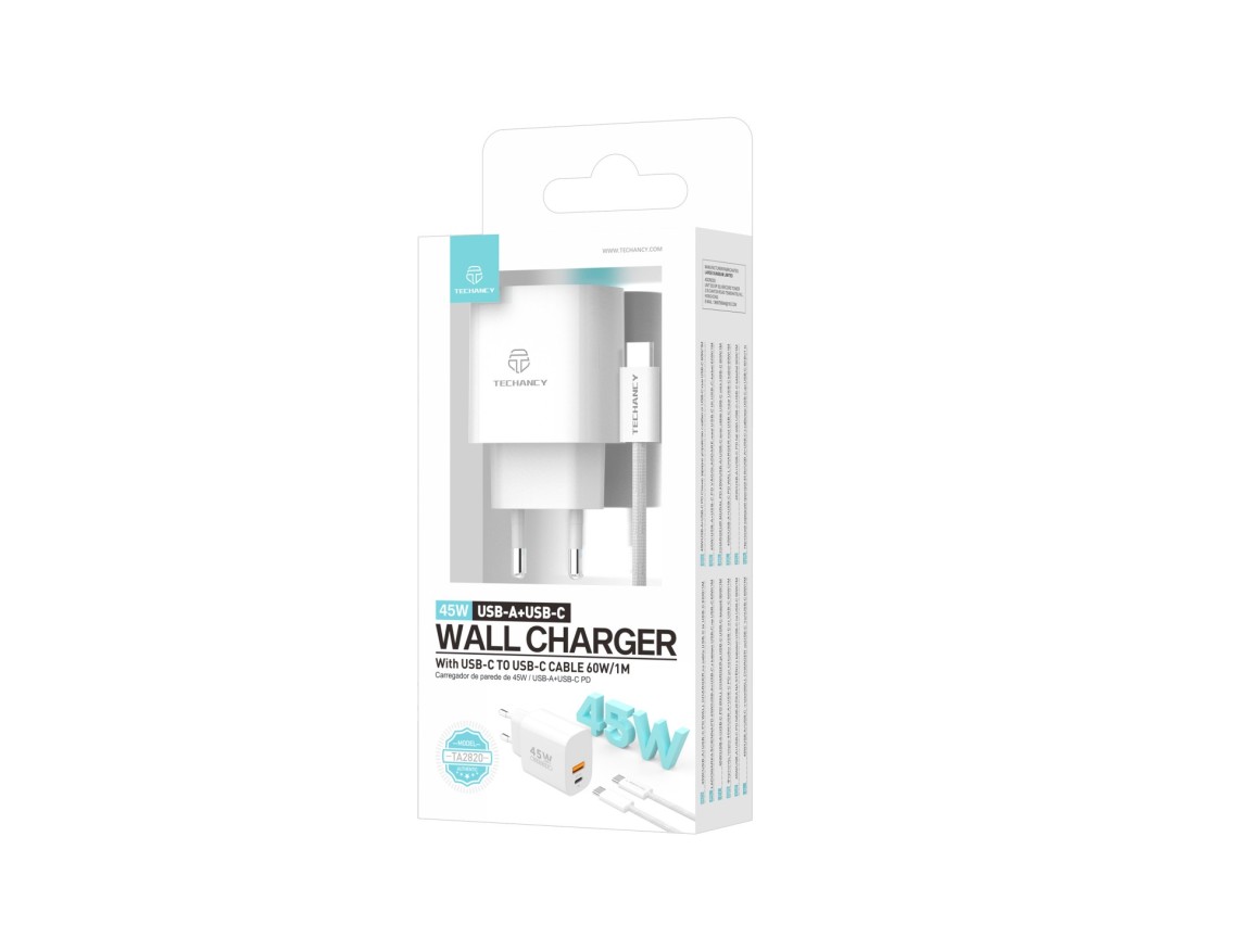 Techancy Carregador USB-A+USB-C TA2820, 45W PD, com Cabo USB-C para USB-C de 1m, CompatIvel com Múlt