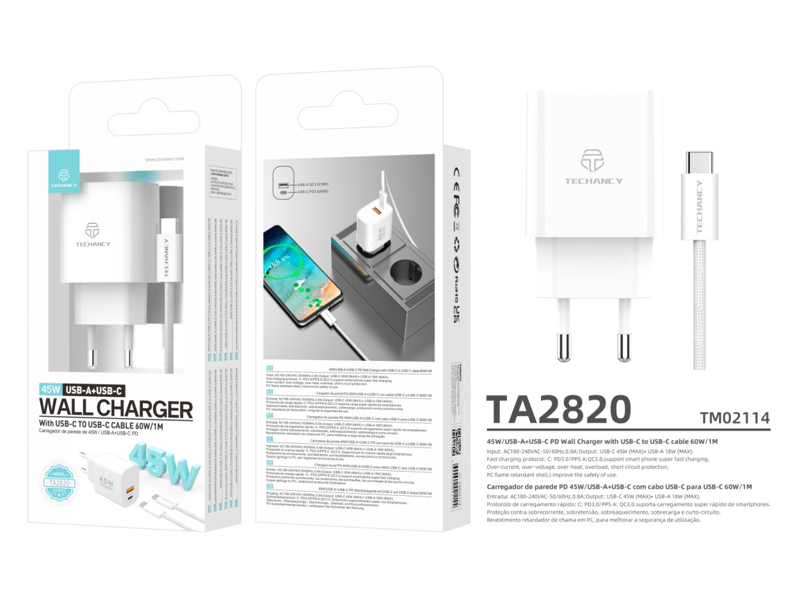Techancy Carregador USB-A+USB-C TA2820, 45W PD, com Cabo USB-C para USB-C de 1m, CompatIvel com Múlt