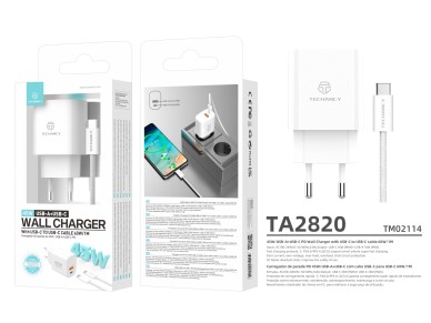 Techancy Carregador USB-A+USB-C TA2820, 45W PD, com Cabo USB-C para USB-C de 1m, CompatIvel com M�lt
