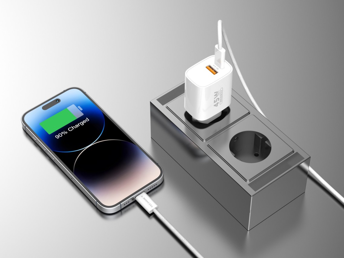 Techancy Carregador USB-A+USB-C TA2820, 45W PD, com Cabo USB-C para Lightning de 1m, CompatIvel com