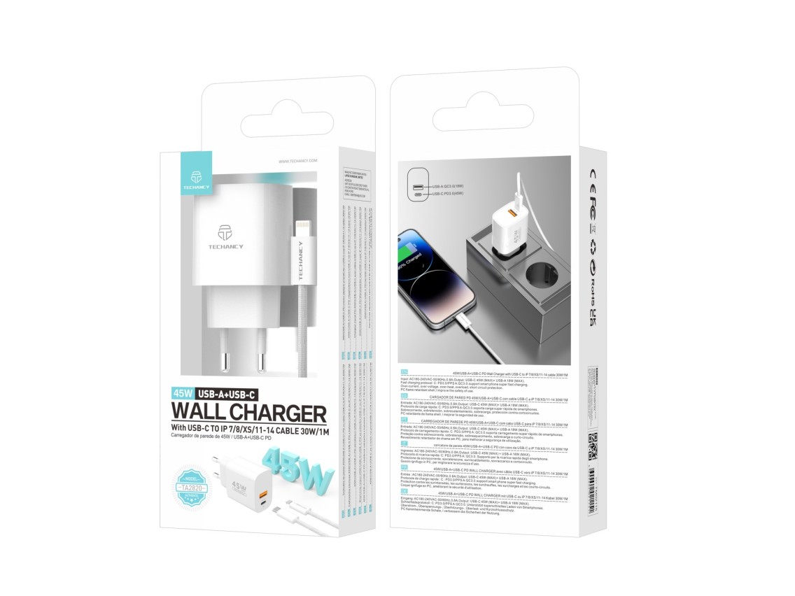 Cargador Techancy TA2820 USB-A+USB-C, 45 W PD, con cable USB-C a Lightning de 1 m, compatible con iP