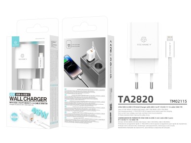 Cargador Techancy TA2820 USB-A+USB-C, 45 W PD, con cable USB-C a Lightning de 1 m, compatible con iP Cargador Techancy TA2820 USB-A+USB-C, 45 W PD, con cable USB-C a Lightning de 1 m, compatible con iP