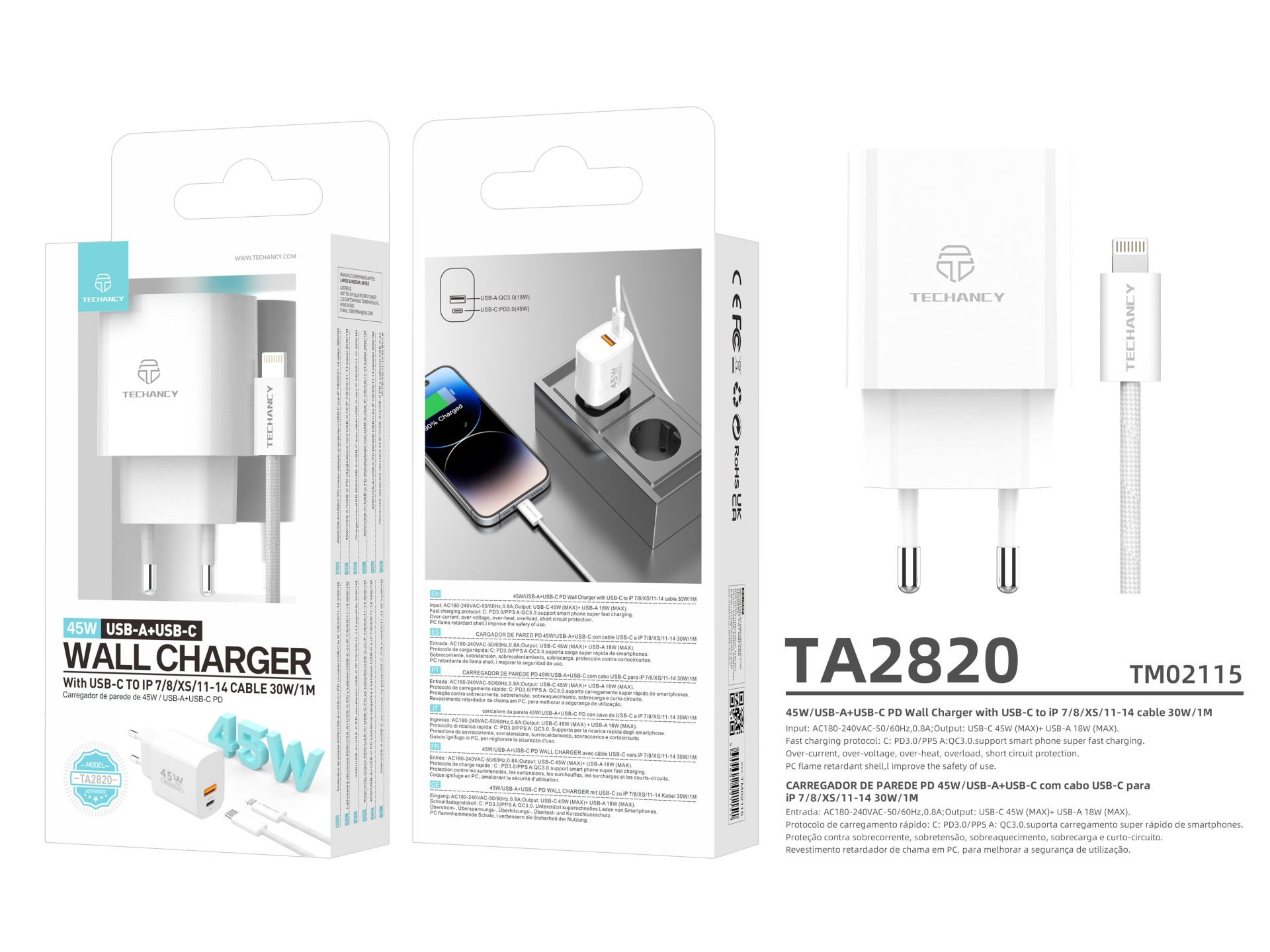Techancy Carregador USB-A+USB-C TA2820, 45W PD, com Cabo USB-C para Lightning de 1m, CompatIvel com