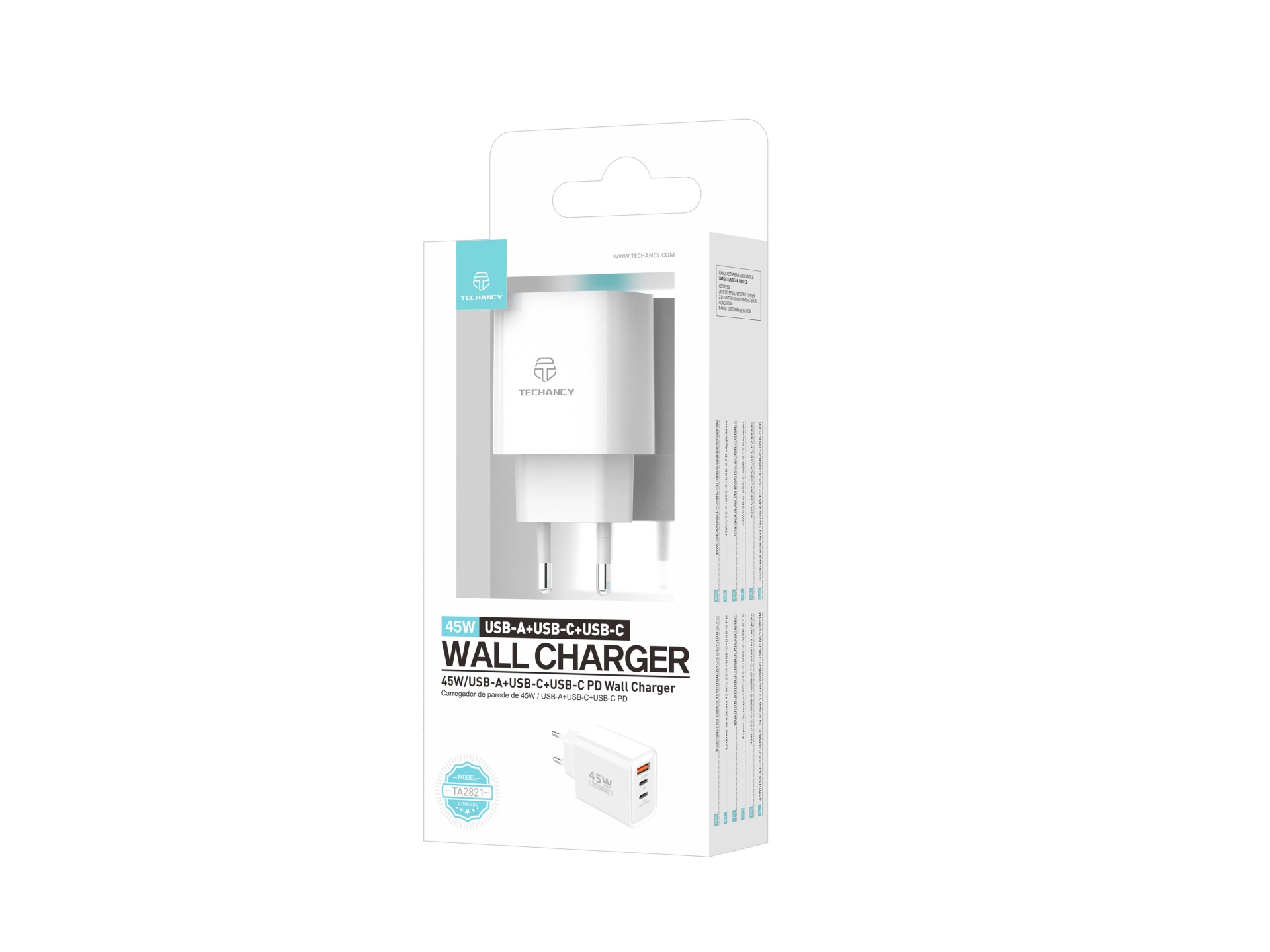 Techancy TA2821 USB-A+USB-C+USB-C Charger, 45W PD, Multiple Output, Portable Design, Compatible with