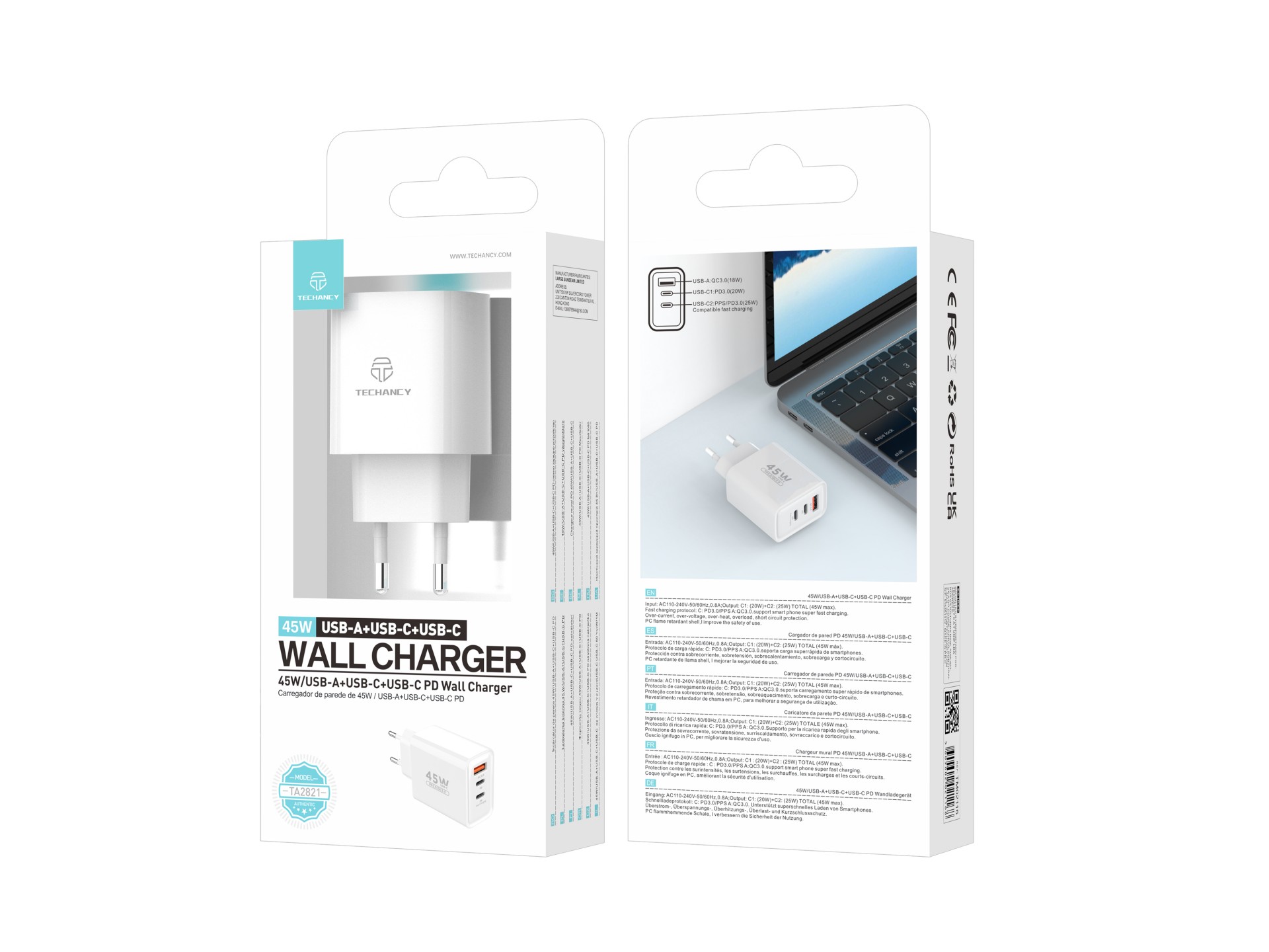 Techancy TA2821 USB-A+USB-C+USB-C Charger, 45W PD, Multiple Output, Portable Design, Compatible with