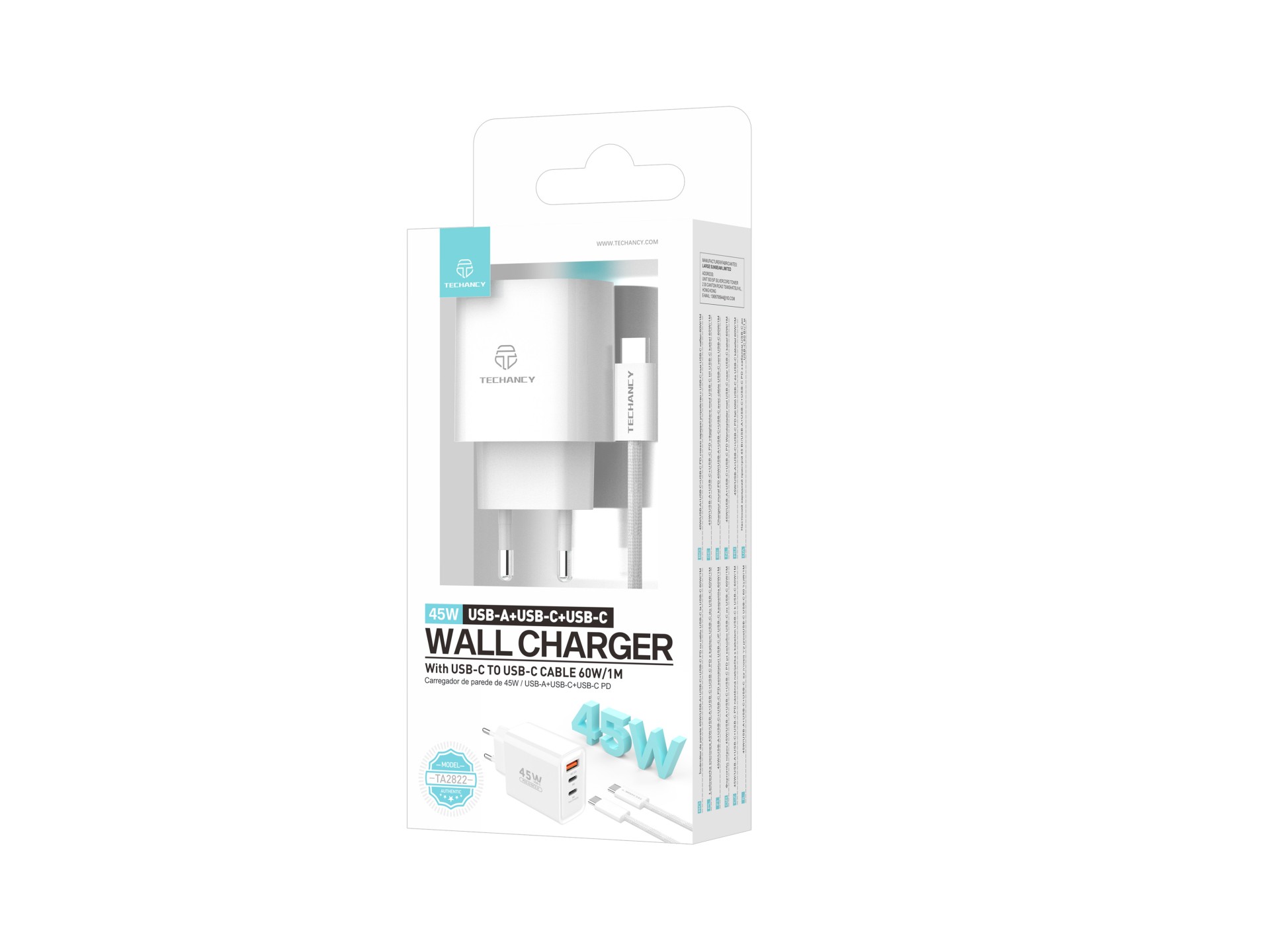 Cargador Techancy TA2822 USB-A+USB-C+USB-C, 45 W PD, con cable USB-C a USB-C de 1 m, compatible con