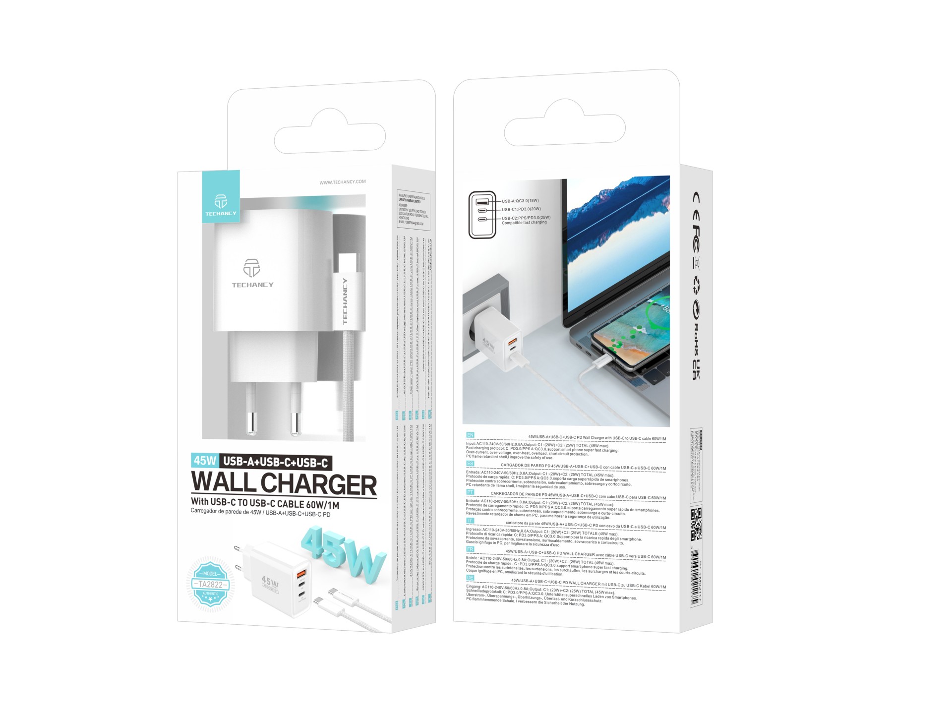 Cargador Techancy TA2822 USB-A+USB-C+USB-C, 45 W PD, con cable USB-C a USB-C de 1 m, compatible con
