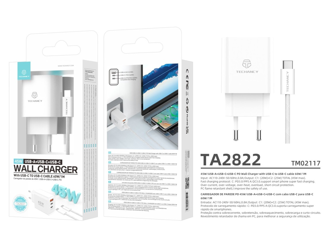 Cargador Techancy TA2822 USB-A+USB-C+USB-C, 45 W PD, con cable USB-C a USB-C de 1 m, compatible con