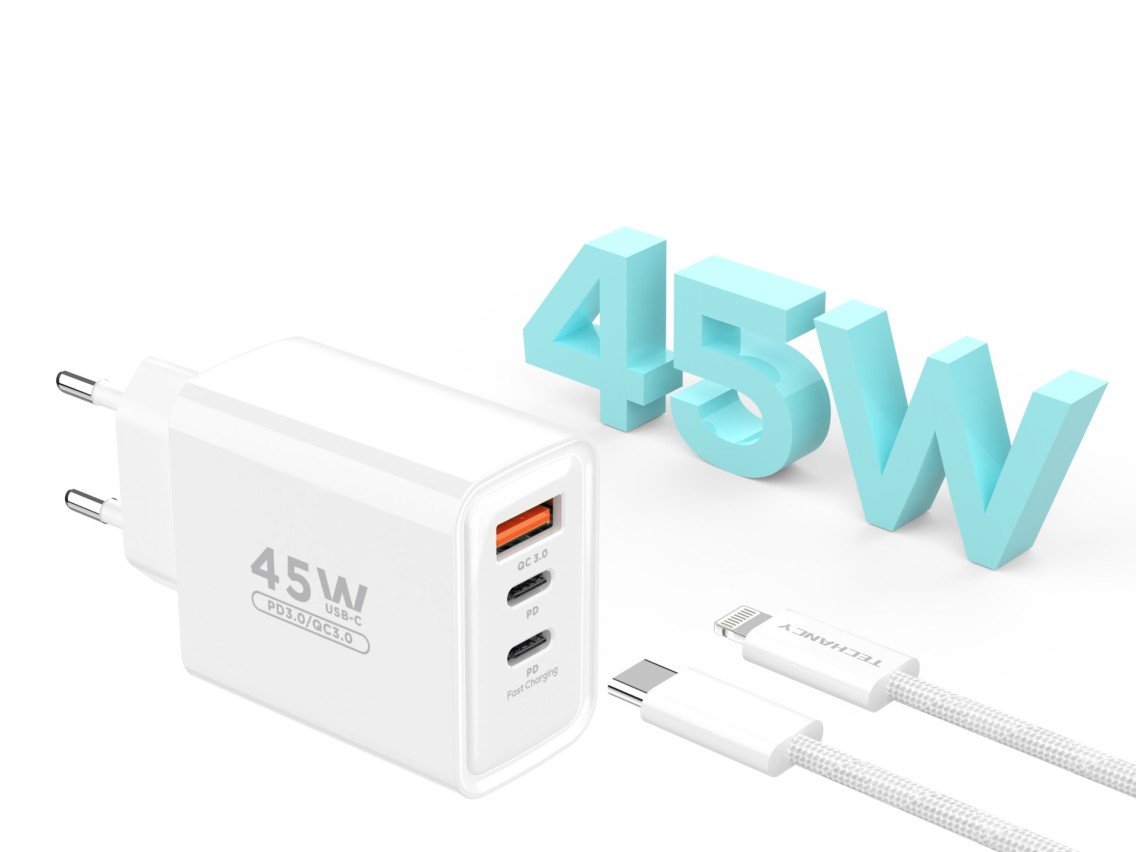 Cargador Techancy TA2822 USB-A+USB-C+USB-C, 45 W PD, con cable USB-C a Lightning de 1 m, compatible