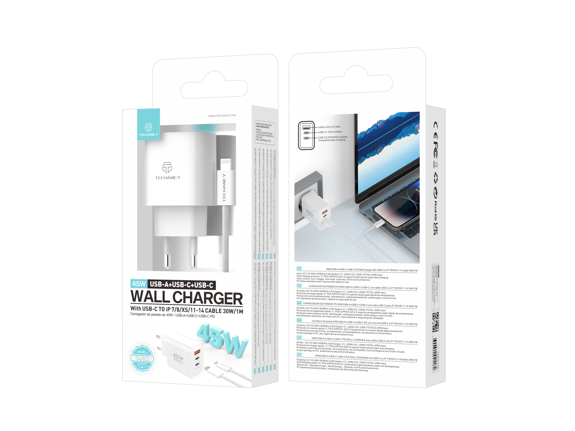 Cargador Techancy TA2822 USB-A+USB-C+USB-C, 45 W PD, con cable USB-C a Lightning de 1 m, compatible