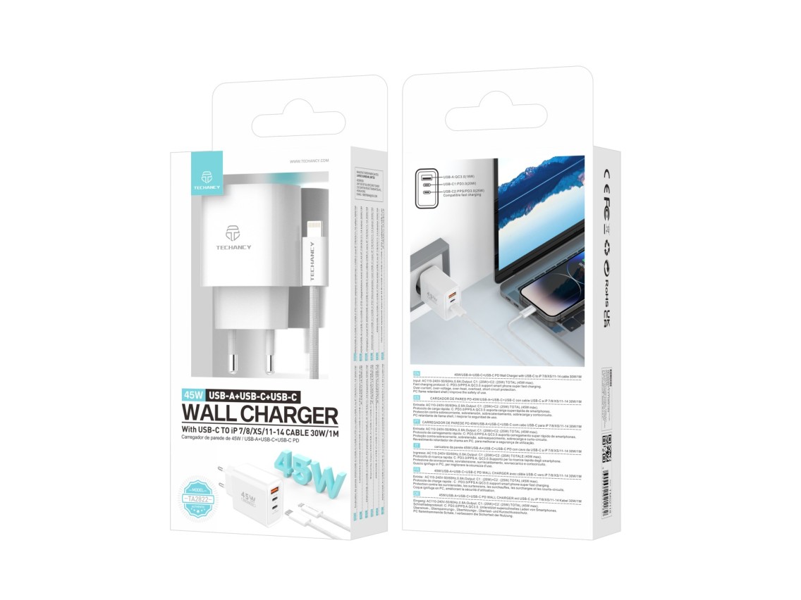 Cargador Techancy TA2822 USB-A+USB-C+USB-C, 45 W PD, con cable USB-C a Lightning de 1 m, compatible