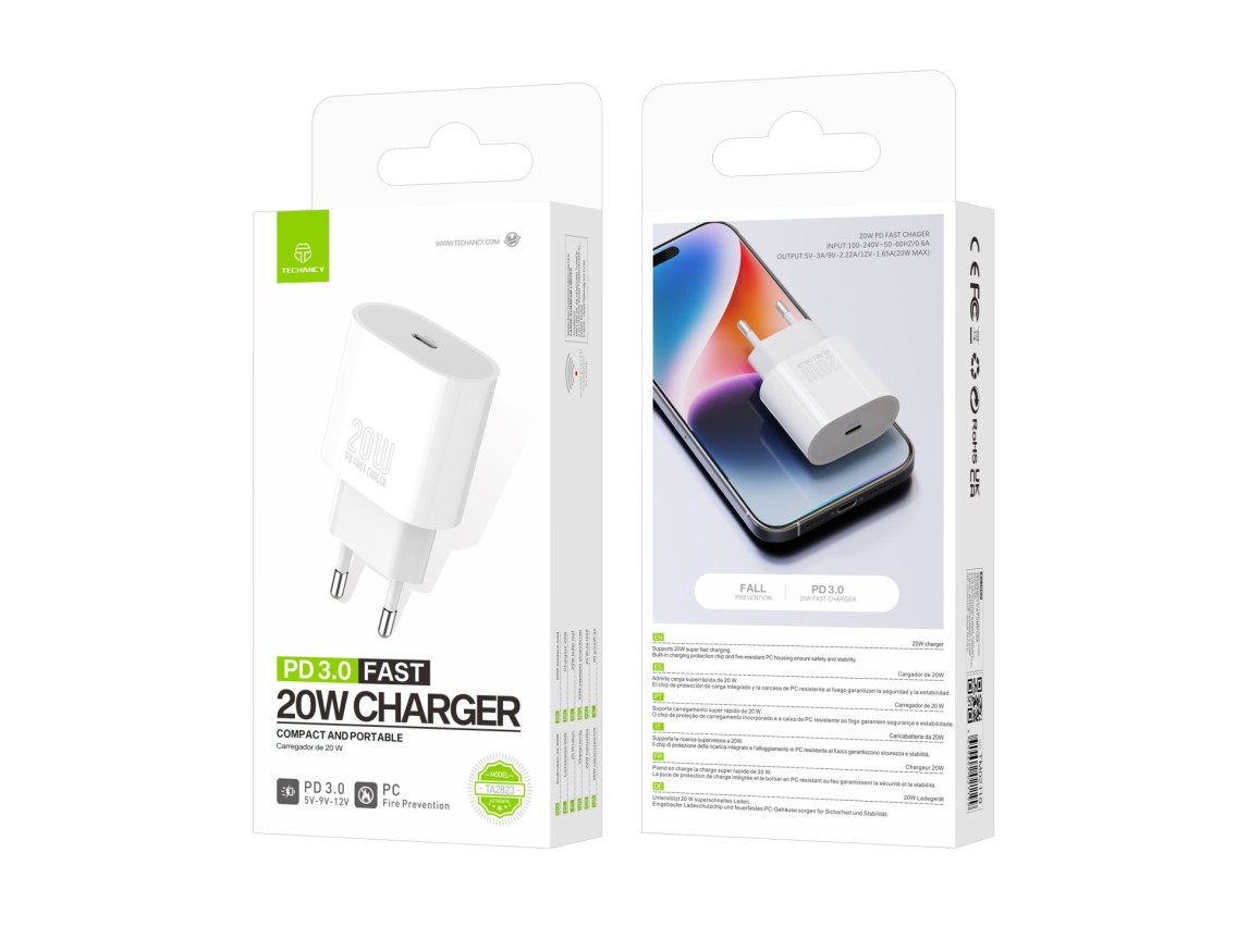 Techancy Carregador TA2823 PD3.0 20W USB-C Adaptador de Carga Rapida Compativel com iPhone Samsung H