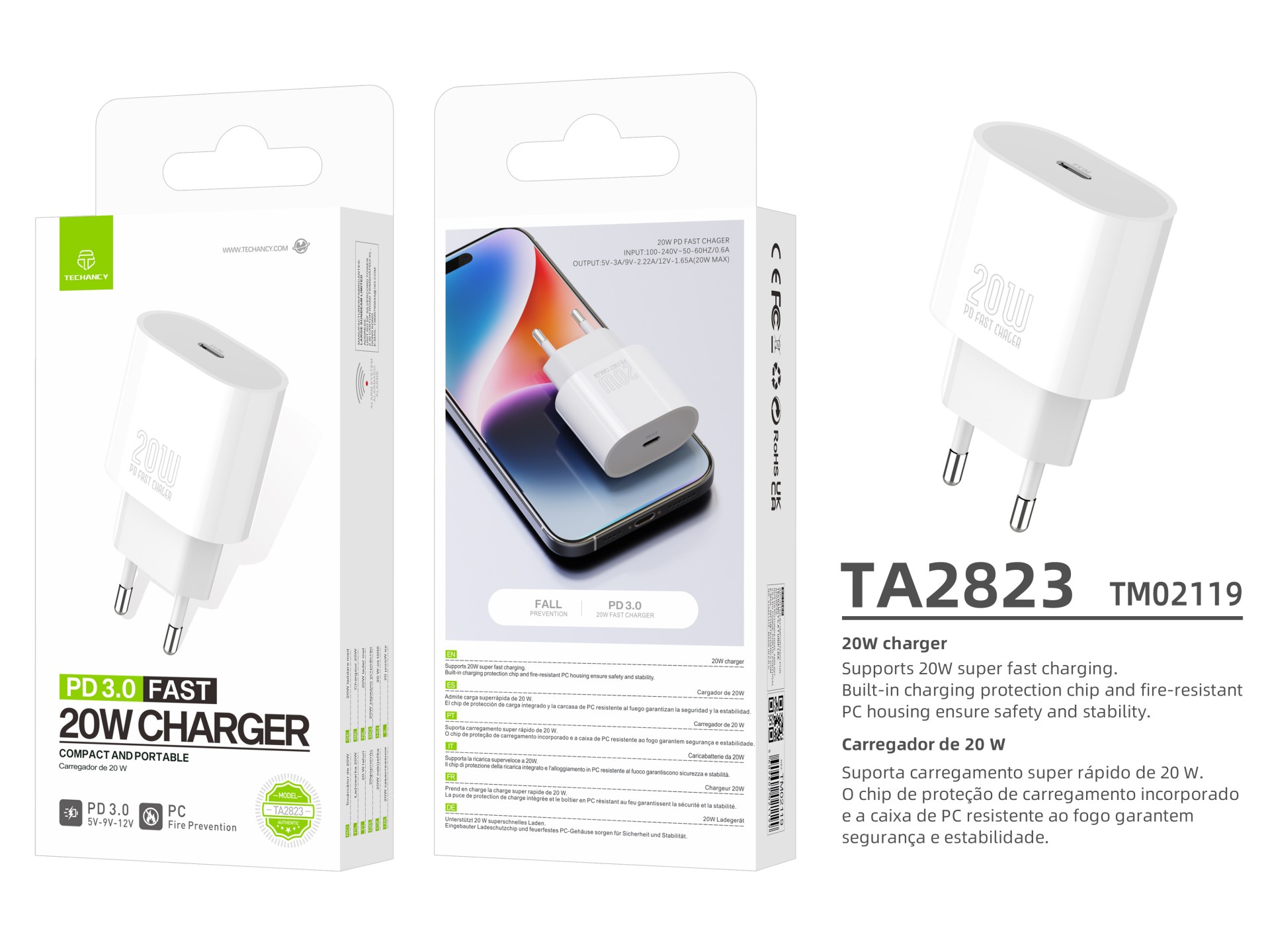 Techancy Carregador TA2823 PD3.0 20W USB-C Adaptador de Carga Rapida Compativel com iPhone Samsung H