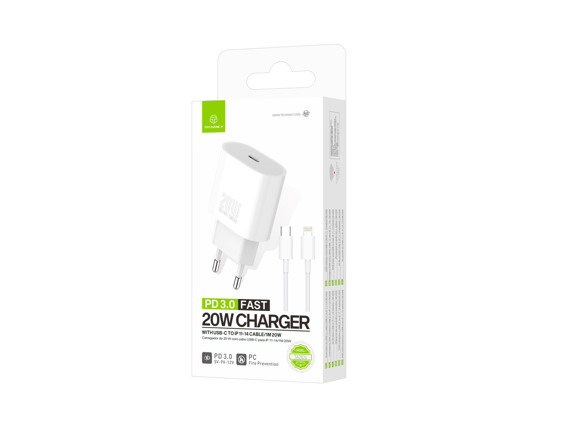 Techancy TA2824 PD3.0 20W Charger with USB-C to Lightning Cable Compatible with iPhone 8 to 14 Serie