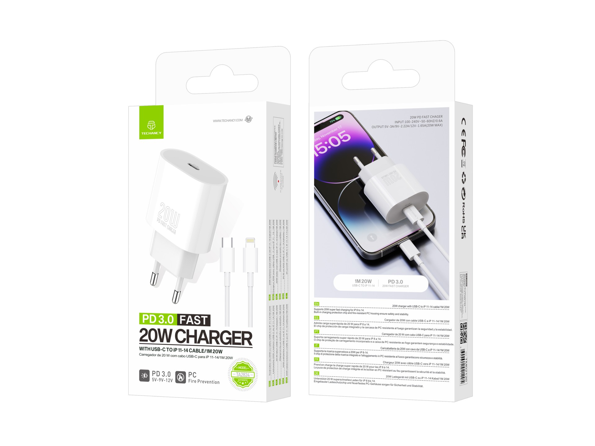 Techancy TA2824 PD3.0 20W Charger with USB-C to Lightning Cable Compatible with iPhone 8 to 14 Serie