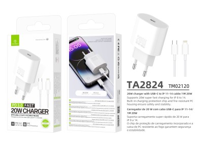 Techancy Carregador TA2824 PD3.0 20W com Cabo USB-C para Lightning Compat�vel com iPhone 8 a 14 Seri