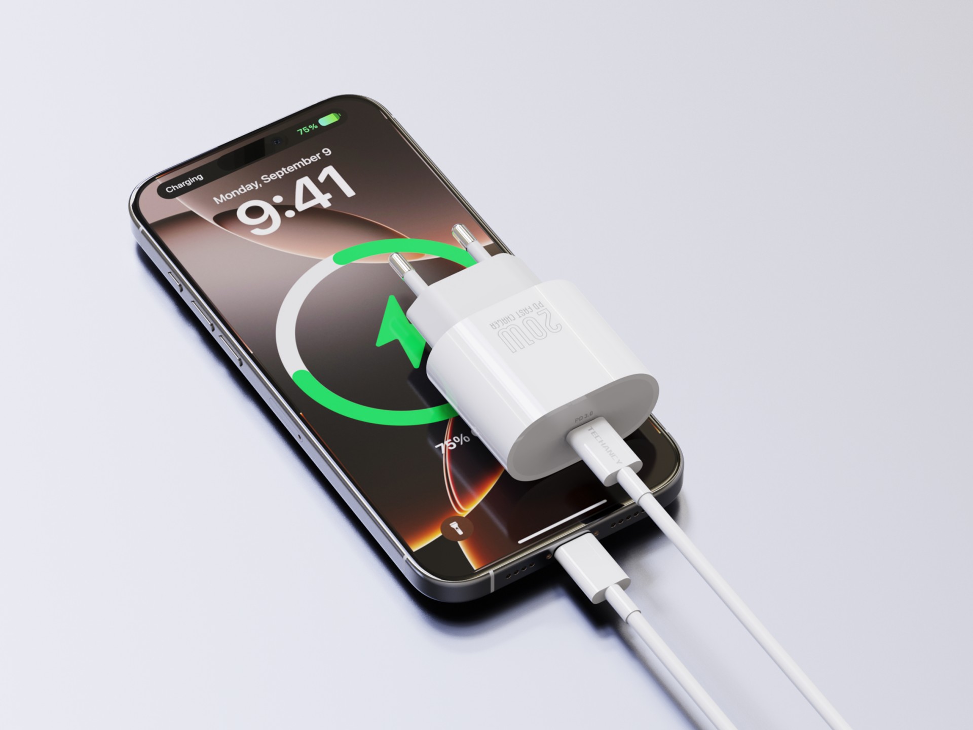 Techancy Carregador TA2824 PD3.0 20W com Cabo USB-C para USB-C Compativel com Tablets Portateis Tele