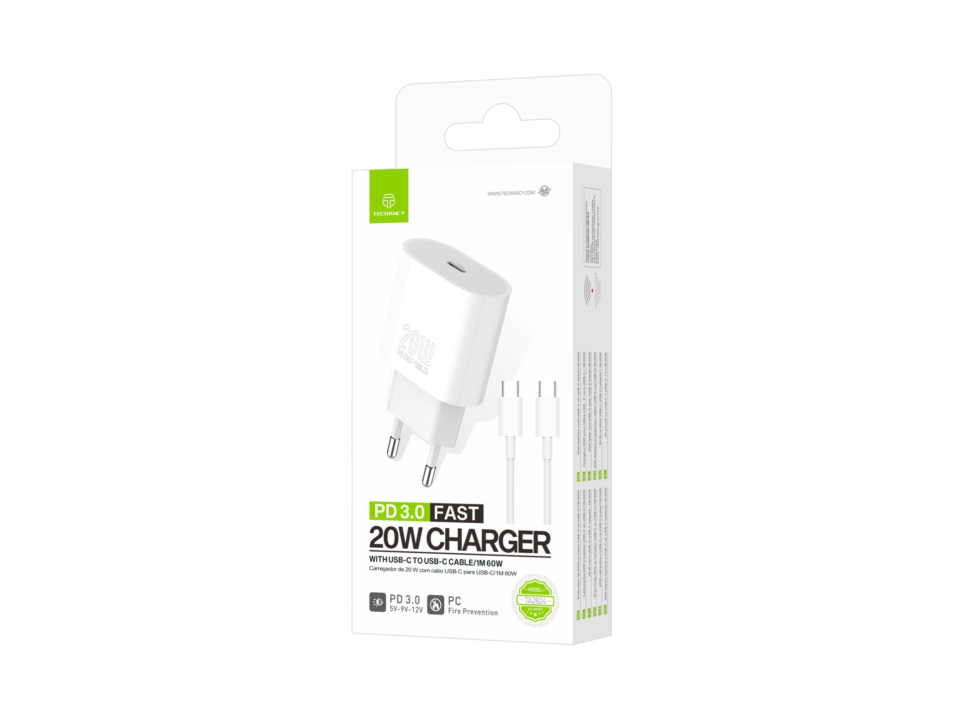 Techancy Carregador TA2824 PD3.0 20W com Cabo USB-C para USB-C Compativel com Tablets Portateis Tele