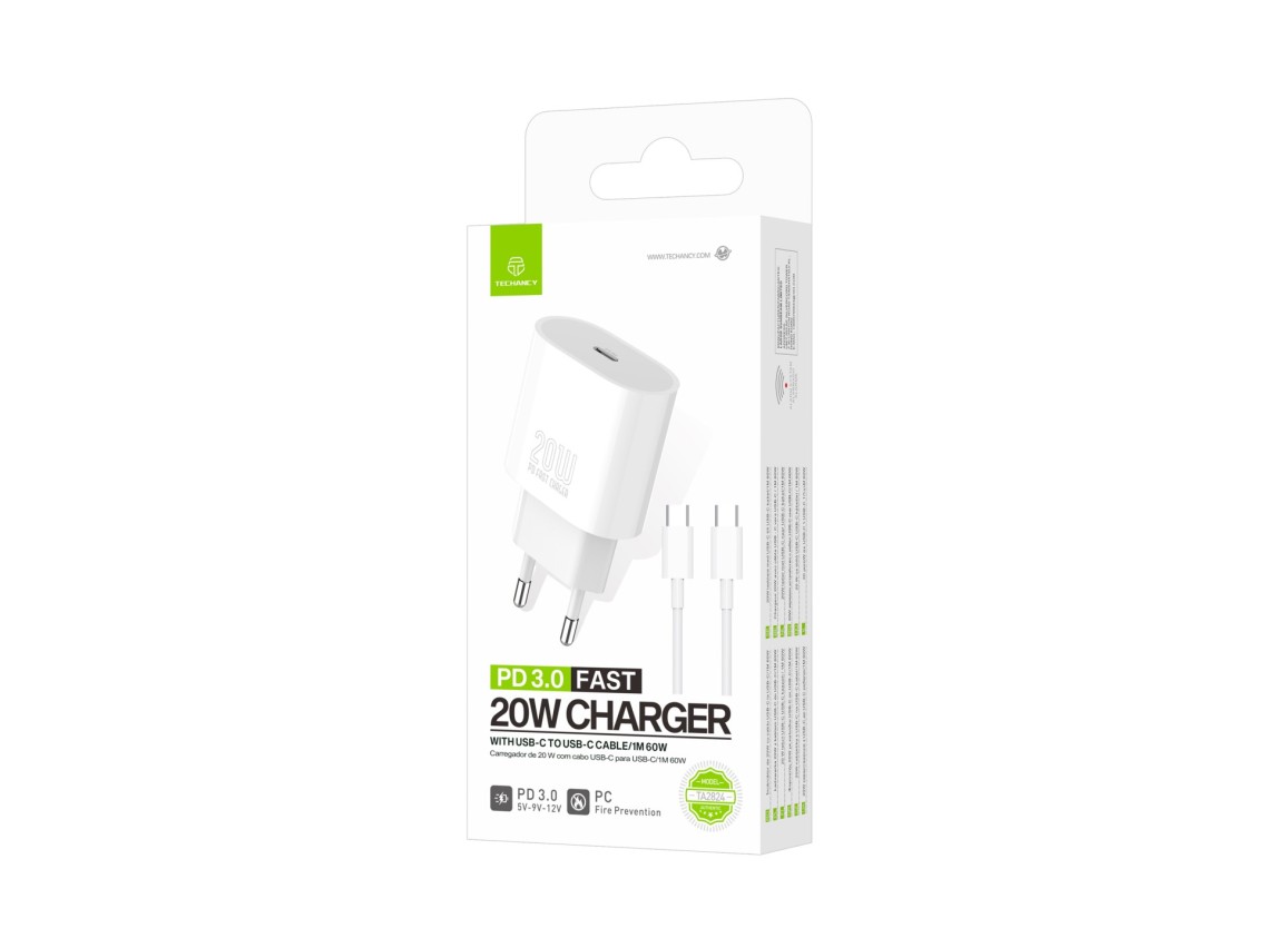 Techancy Carregador TA2824 PD3.0 20W com Cabo USB-C para USB-C Compativel com Tablets Portateis Tele