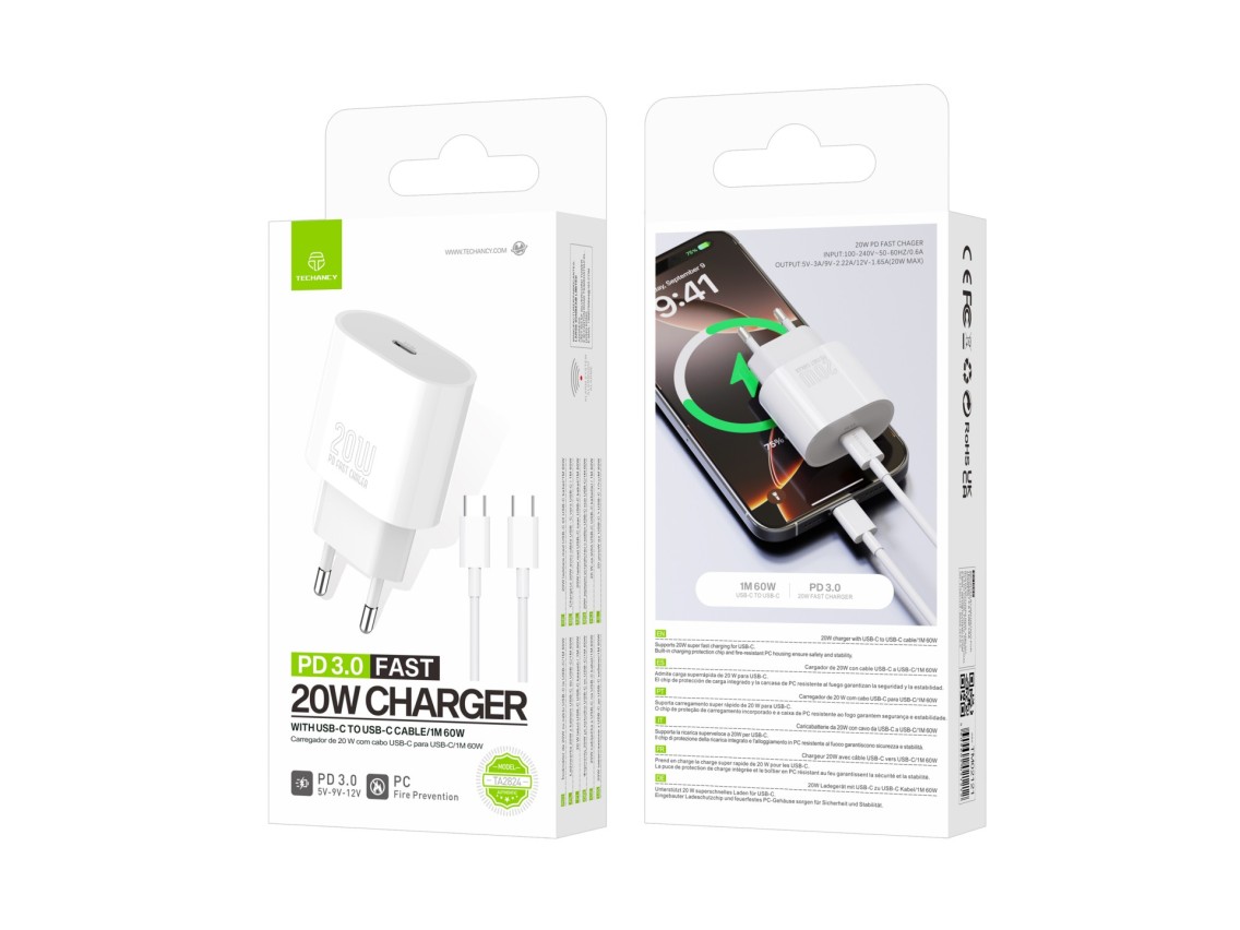 Techancy Carregador TA2824 PD3.0 20W com Cabo USB-C para USB-C Compativel com Tablets Portateis Tele