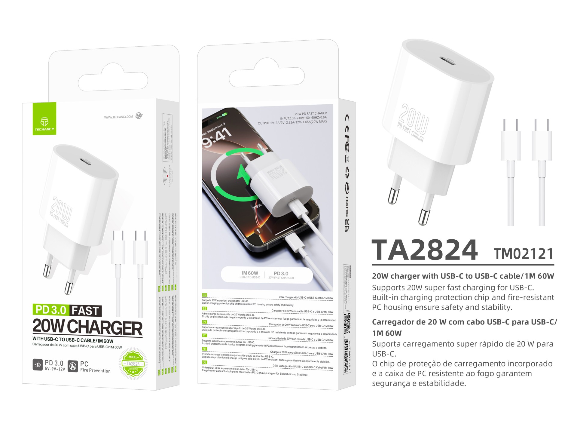 Techancy Carregador TA2824 PD3.0 20W com Cabo USB-C para USB-C Compativel com Tablets Portateis Tele