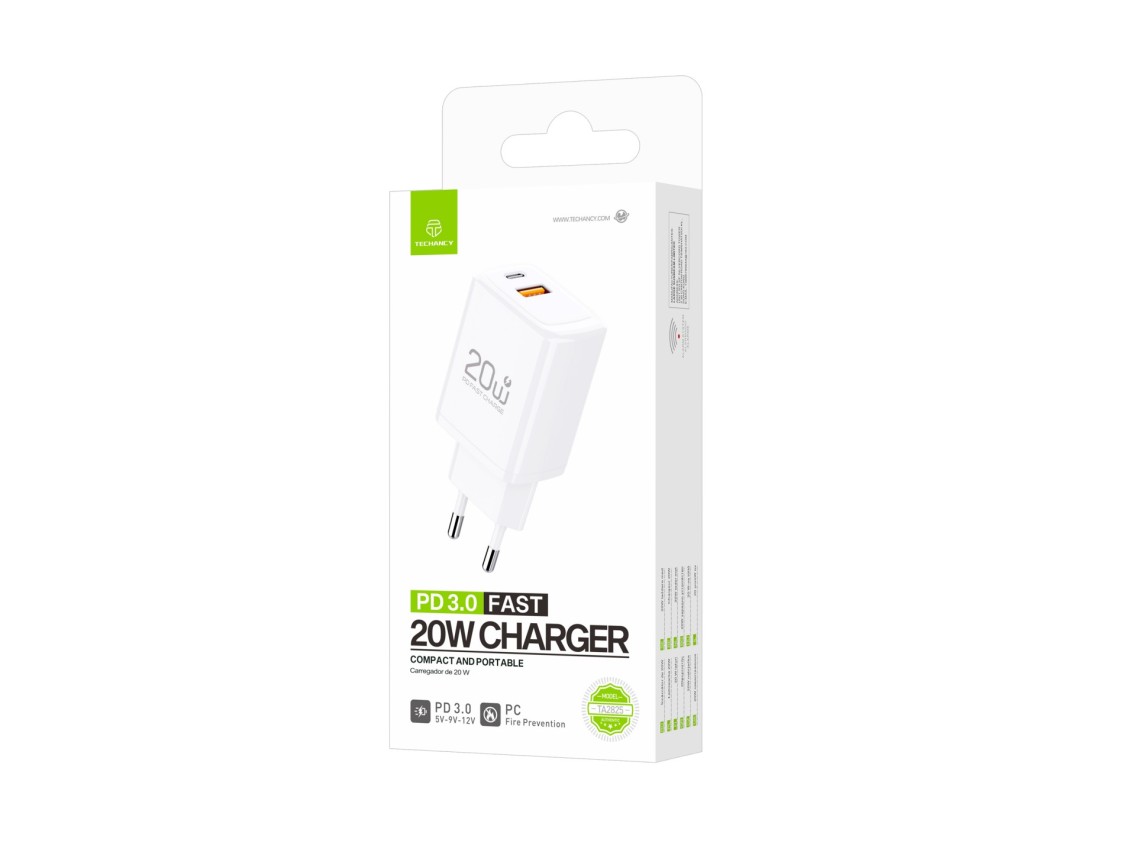 Techancy Carregador TA2825 PD3.0 20W com Duas Portas USB-C e USB-A Compativel com Diversos Telemovei