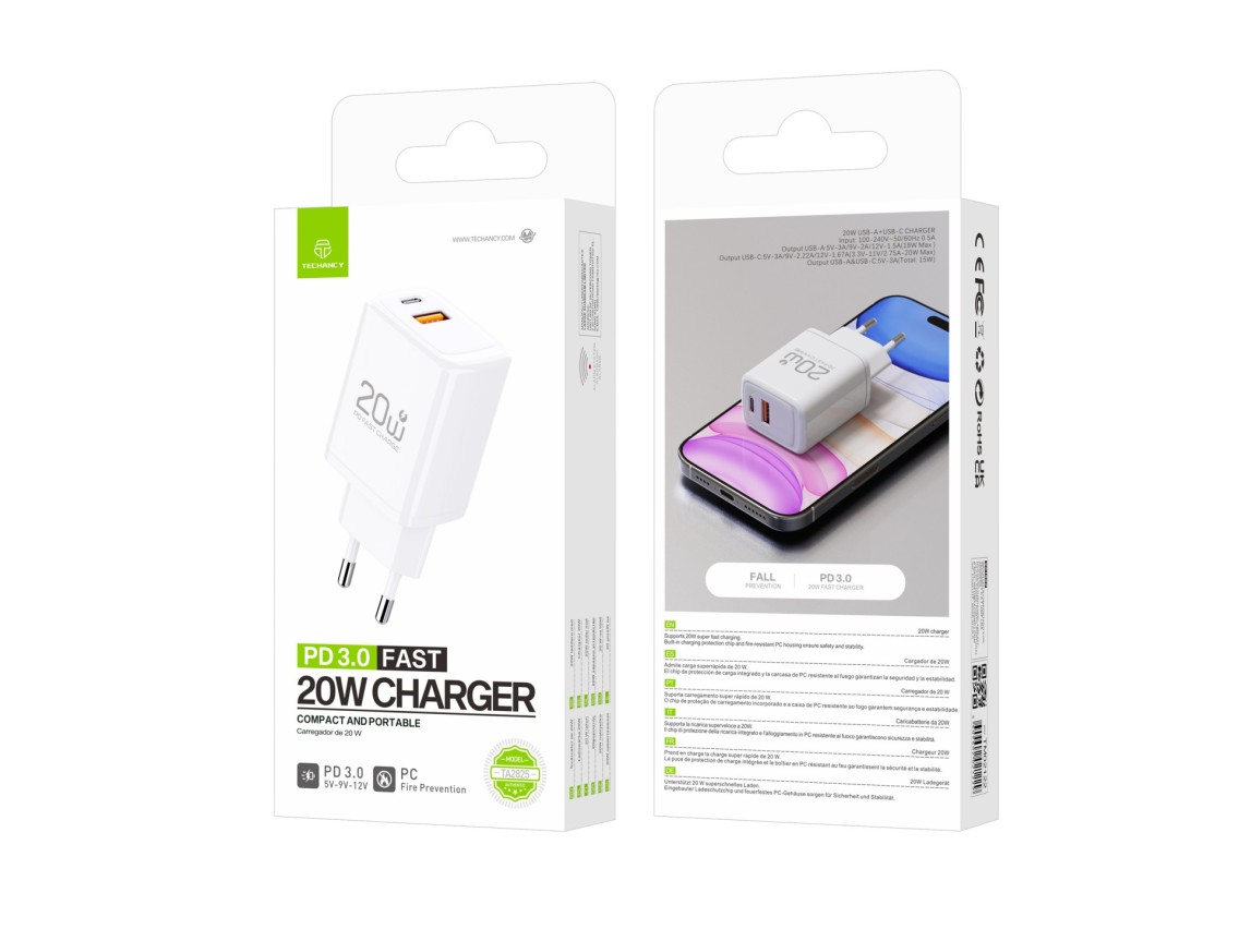 Techancy Carregador TA2825 PD3.0 20W com Duas Portas USB-C e USB-A Compativel com Diversos Telemovei