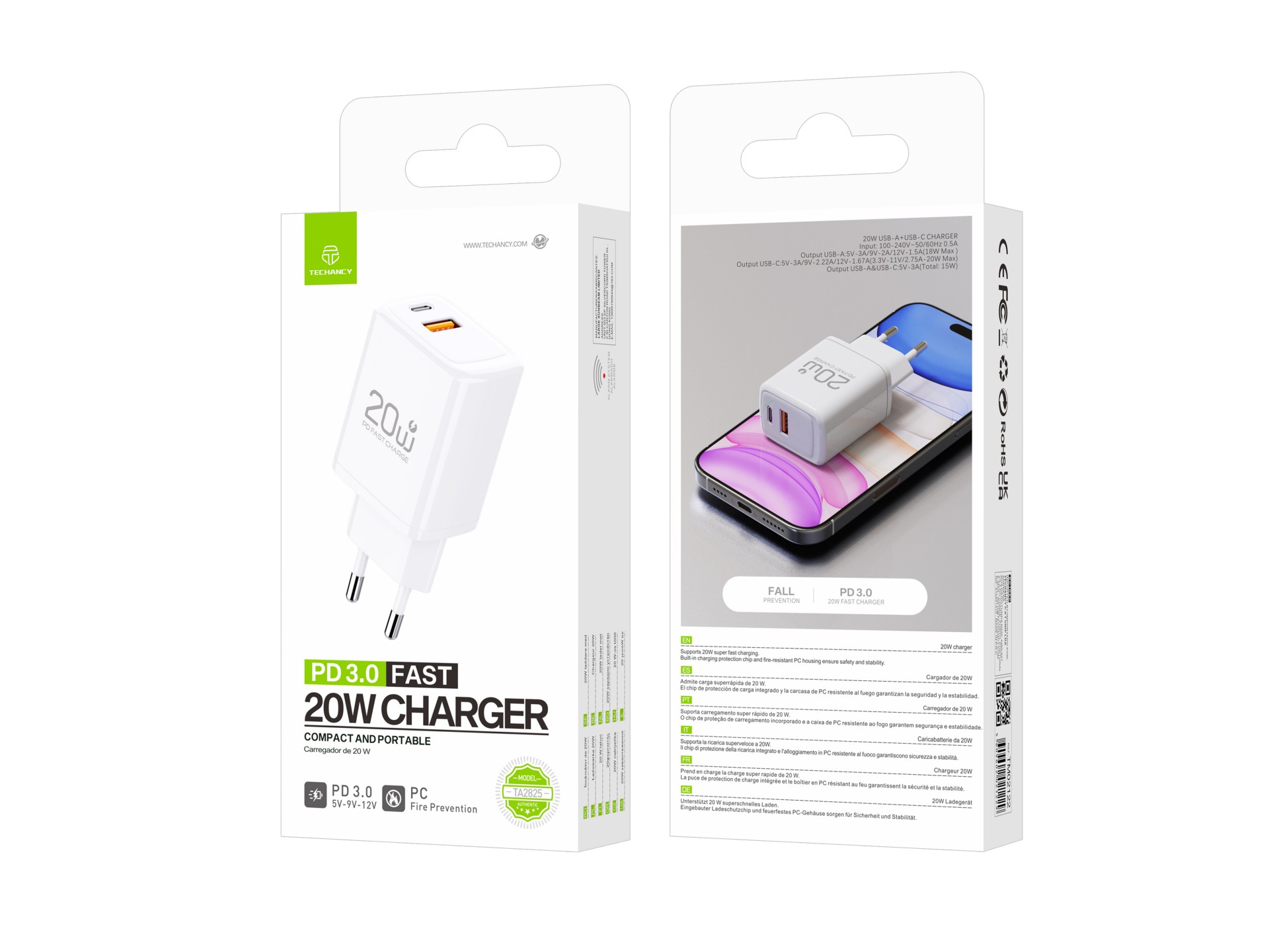 Techancy Carregador TA2825 PD3.0 20W com Duas Portas USB-C e USB-A Compativel com Diversos Telemovei