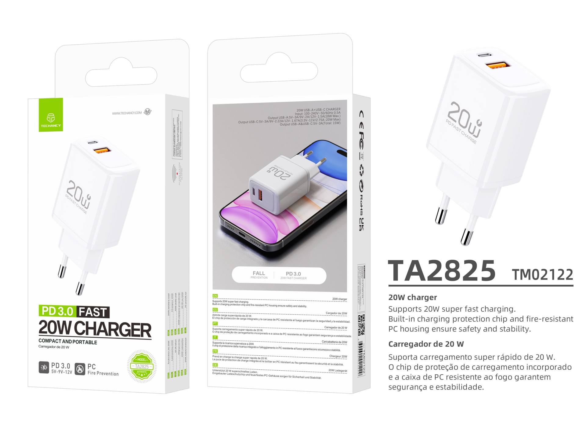 Techancy Carregador TA2825 PD3.0 20W com Duas Portas USB-C e USB-A Compativel com Diversos Telemovei