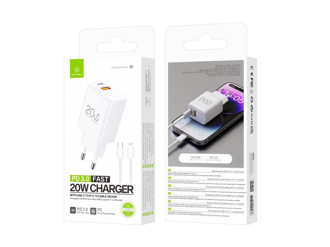 Cargador Techancy TA2826 PD3.0 de 20 W con dos puertos USB-C y cable Lightning compatible con iPhone