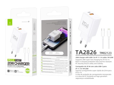 Cargador Techancy TA2826 PD3.0 de 20 W con dos puertos USB-C y cable Lightning compatible con iPhone