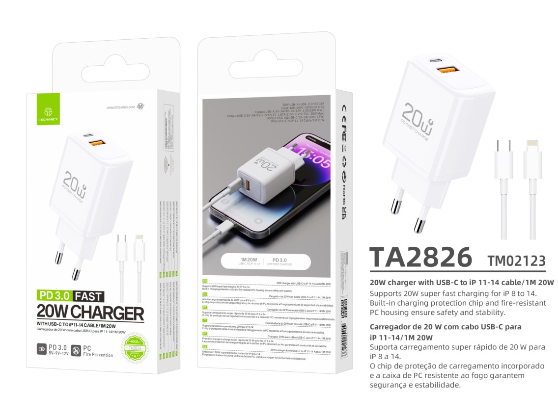Cargador Techancy TA2826 PD3.0 de 20 W con dos puertos USB-C y cable Lightning compatible con iPhone
