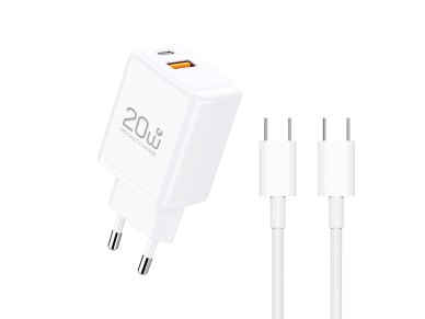 Techancy Carregador Rapido 20W PD3.0 Dupla Porta USB-C+USB-A Cabo 1m 60W Para iPhone/Samsung/Tablet 
