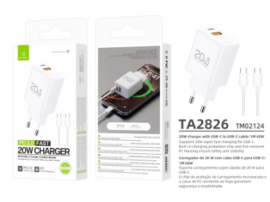 Techancy Carregador Rapido 20W PD3.0 Dupla Porta USB-C+USB-A Cabo 1m 60W Para iPhone/Samsung/Tablet 