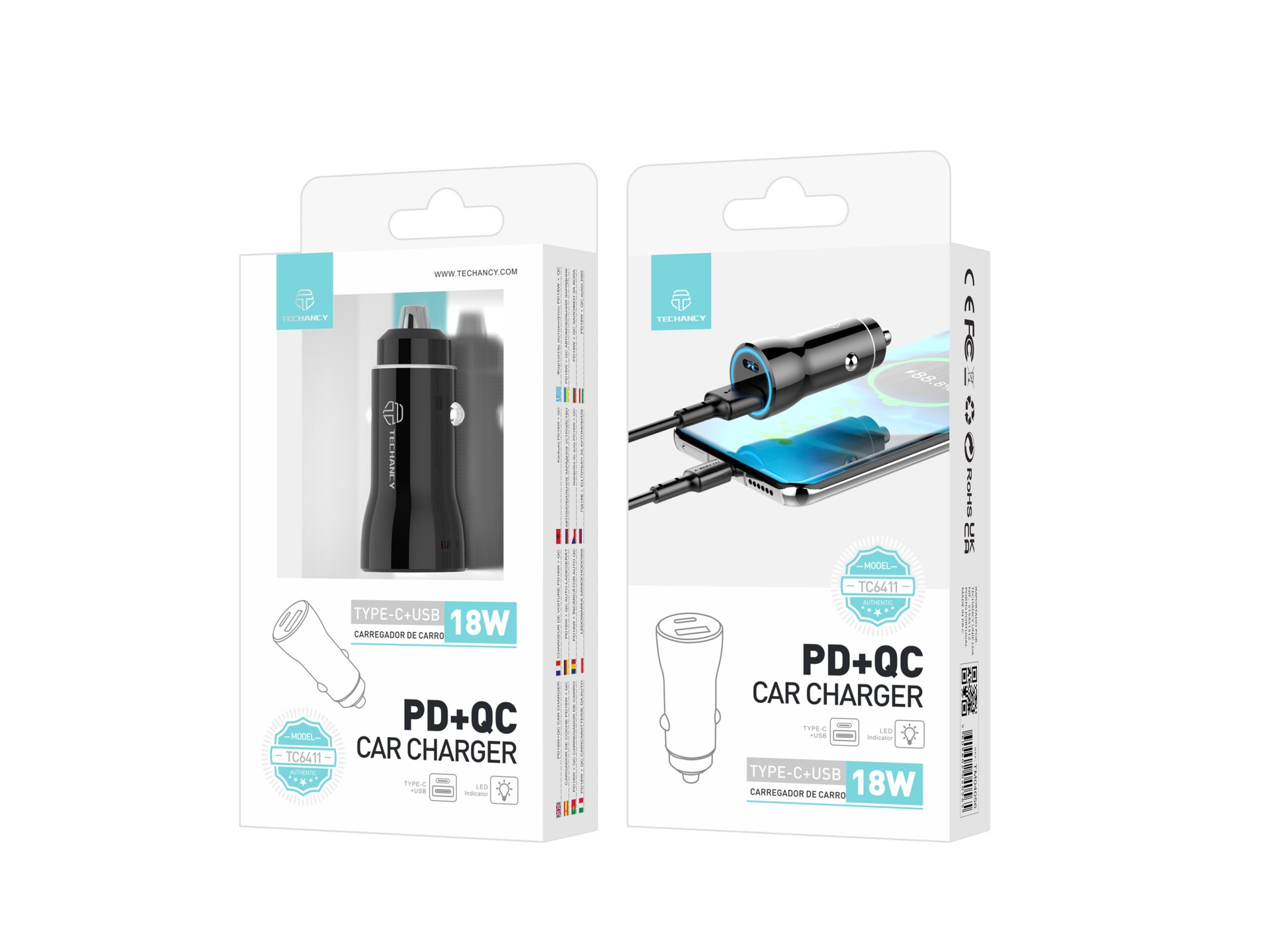 Techancy Carregador De Automóvel Preto TC6411, Carregamento Rápido Pd+Qc 18w, Compatível Com Iphone/