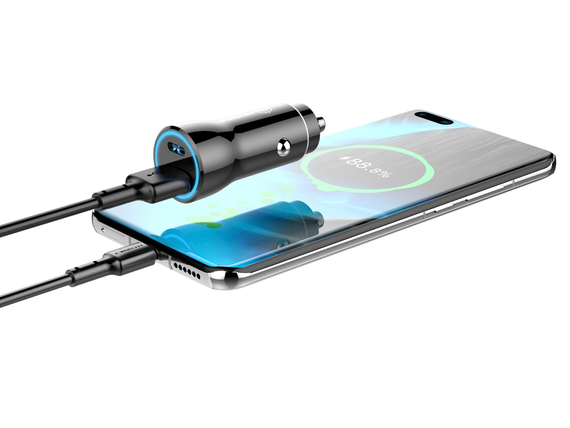 Techancy Carregador De Automóvel Preto TC6411, Carregamento Rápido Pd+Qc 18w, Compatível Com Iphone/