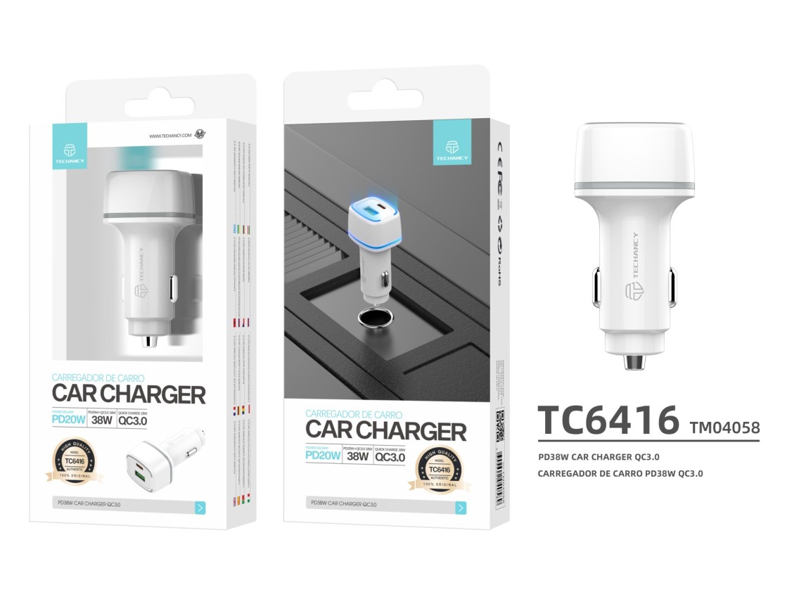 Techancy Carregador De Automóvel 38w TC6416, Carregamento Rápido Pd3.0+Qc3.0, Compatível Com Camiõe