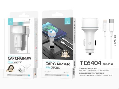 Cargador de coche Techancy TC6404 de 38 W, carga rápida PD3.0 + QC3.0, juego de cables USB C-Li